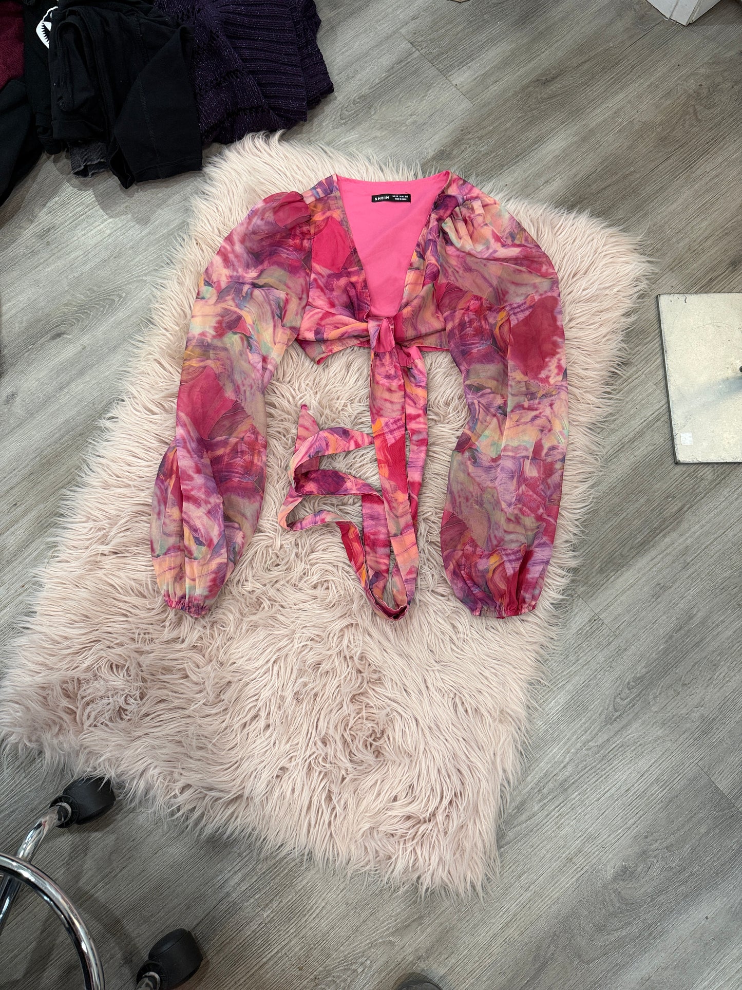 Pink Sheer Tie-Front Crop Top – Long Sleeve Blouse