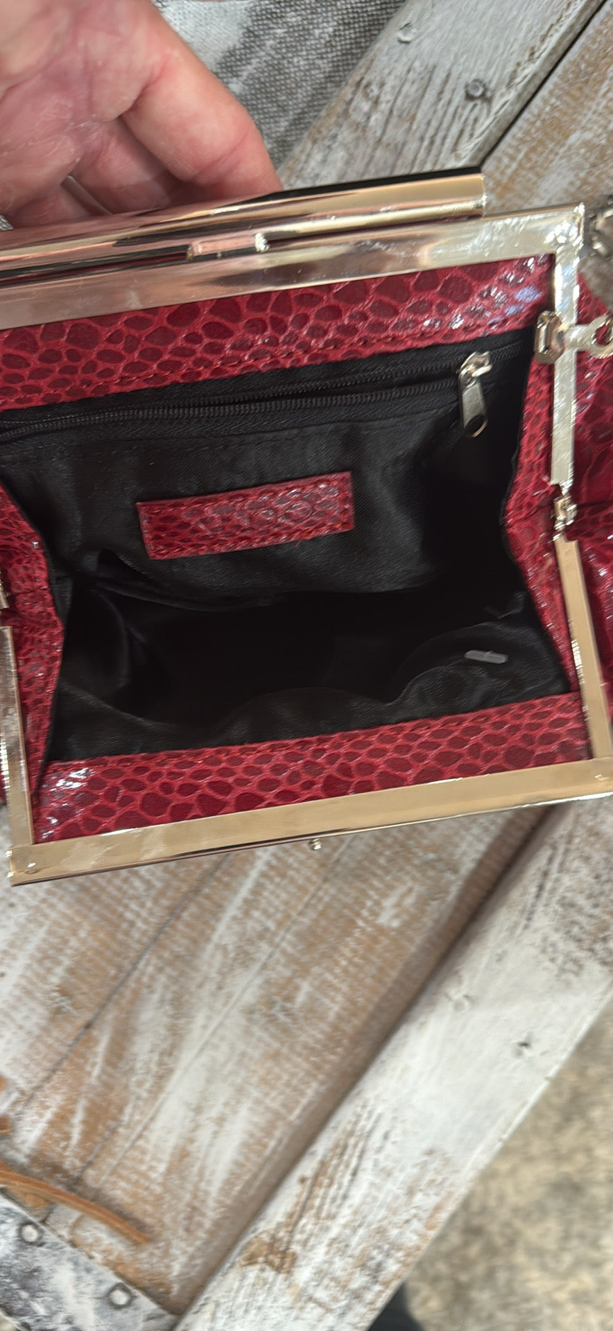 Vintage Red Snake-Embossed Clutch with Gold Frame