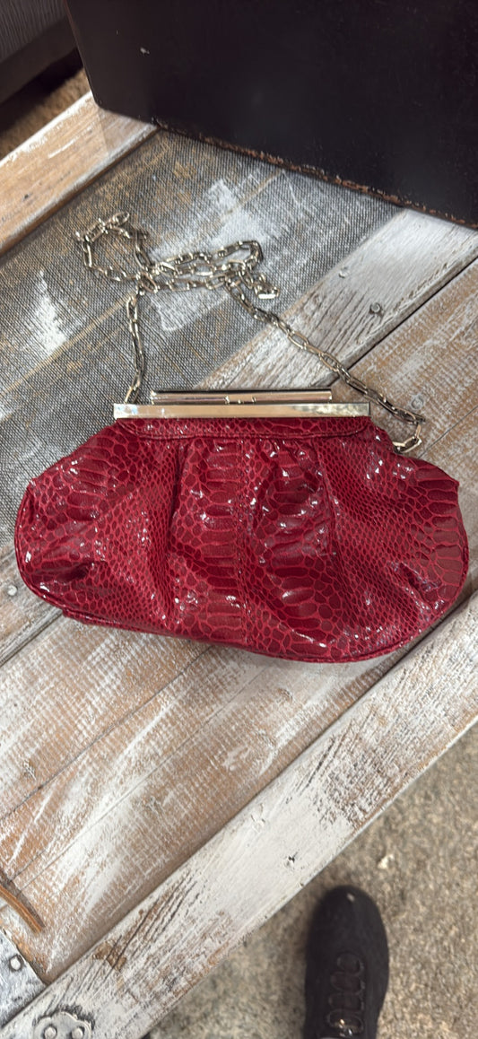 Vintage Red Snake-Embossed Clutch with Gold Frame