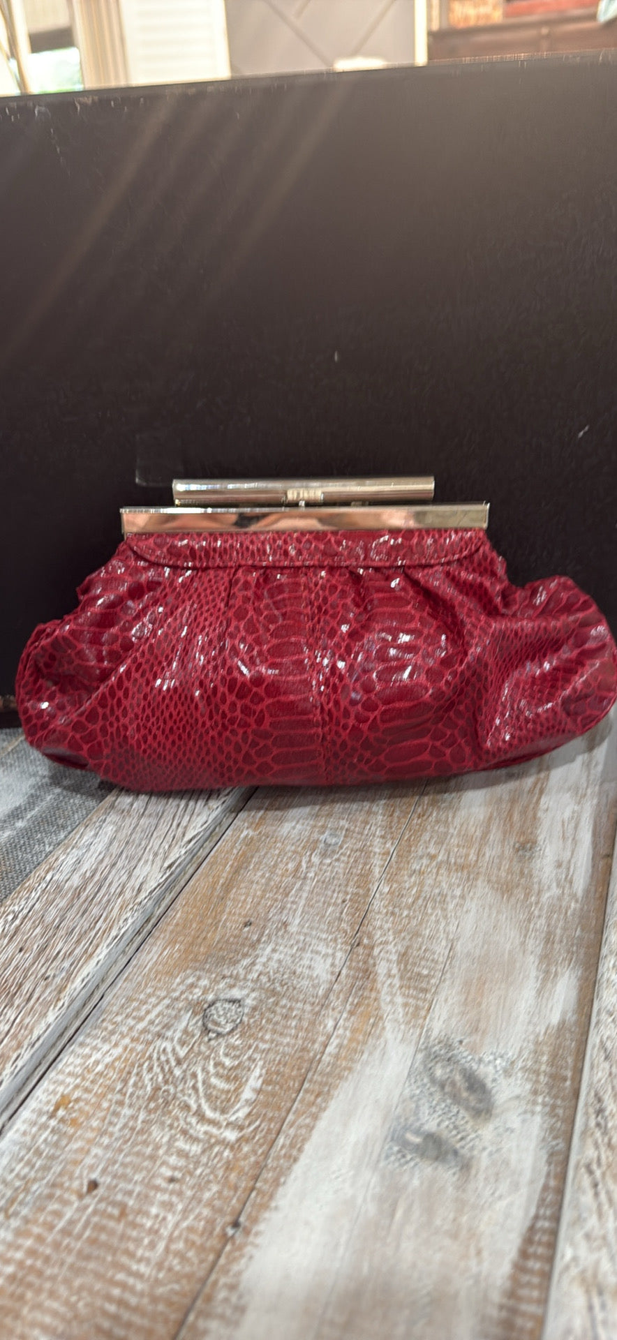 Vintage Red Snake-Embossed Clutch with Gold Frame