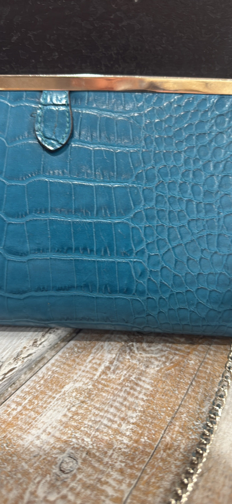 Vintage Blue Croc-Embossed Clutch with Gold Chain