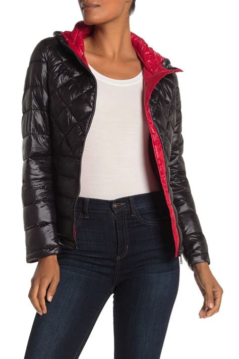 Noize Women’s Quilted Black & Red Reversible Hooded Jacket – Size Small