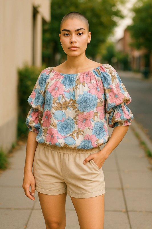 Vintage-Inspired Floral Off-Shoulder Blouse – Puff Sleeve Top