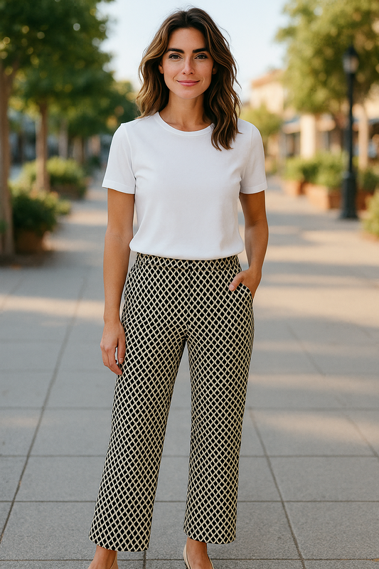 Olsen Black & White Geometric Print Pants – Straight Leg