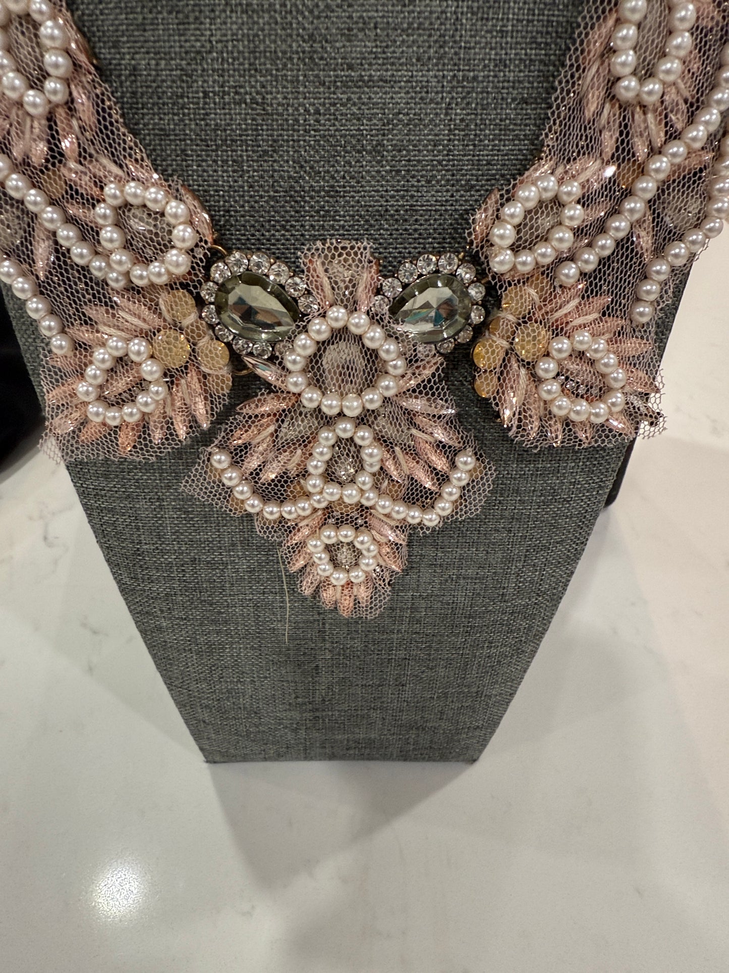 Vintage Statement Necklace – Beaded Lace & Crystal Design