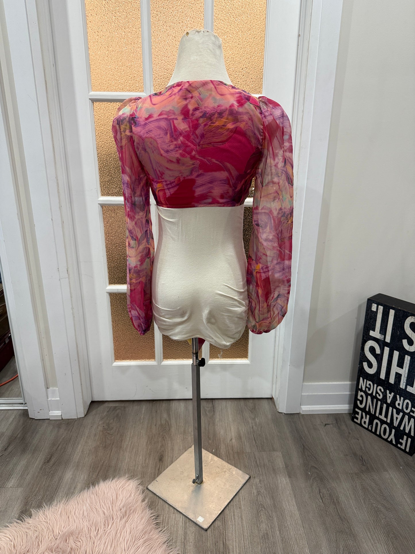 Pink Sheer Tie-Front Crop Top – Long Sleeve Blouse