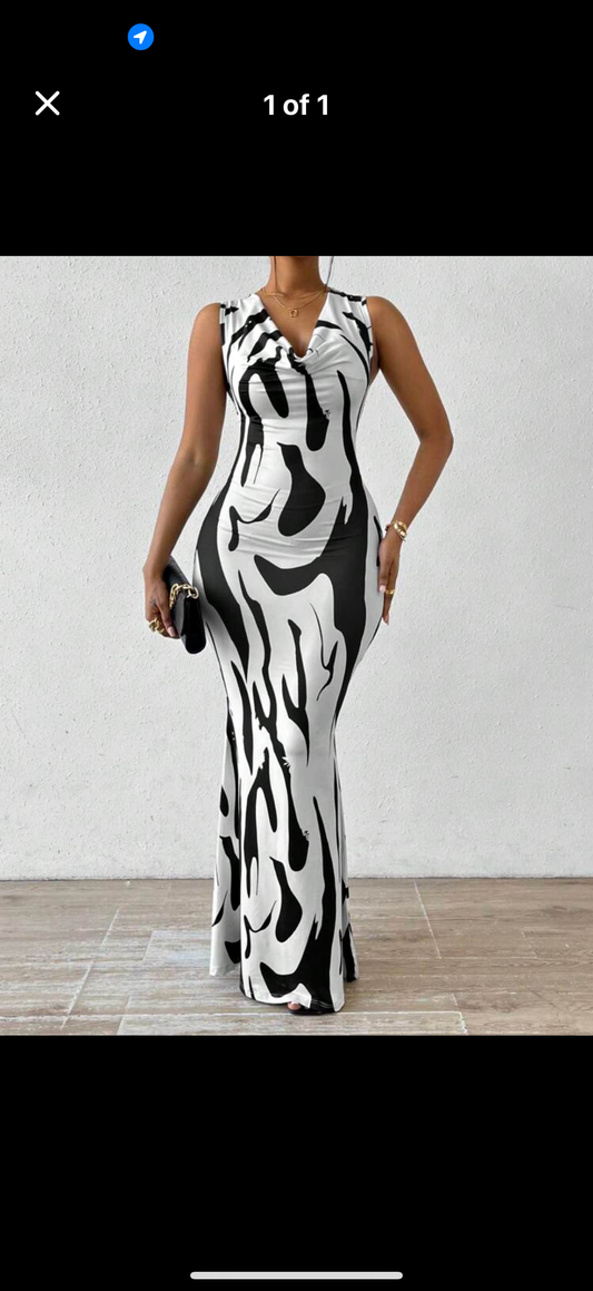 Women’s Sleeveless Black & White Tie-Dye Bodycon Midi Dress Lrg