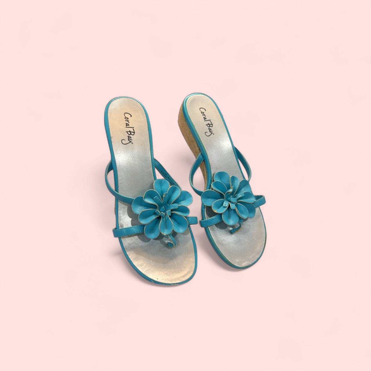 Coral Bay Women’s Turquoise Floral Wedge Sandals – Size 8